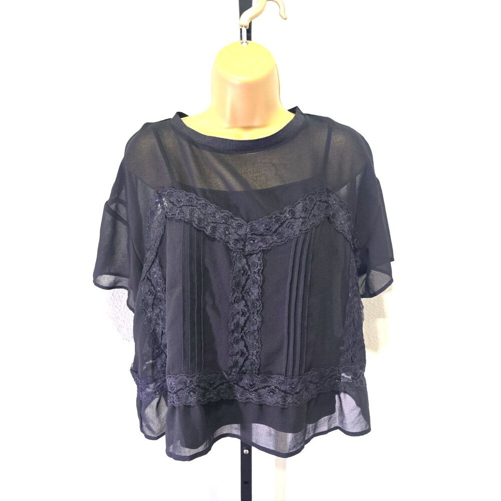 Adrianna Papell Black Sheer Blouse Top Sm Ruffle Lace Pintuck Layered Whimsigoth